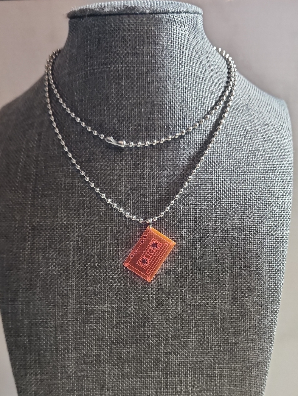 Silver Chain Necklace with Orange Cassette Pendant